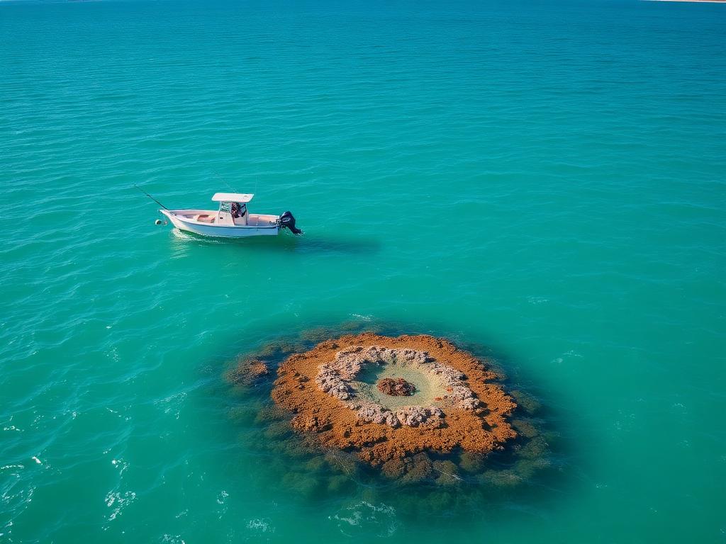 Boat holding steady over an inshore reef patch along a productive edge