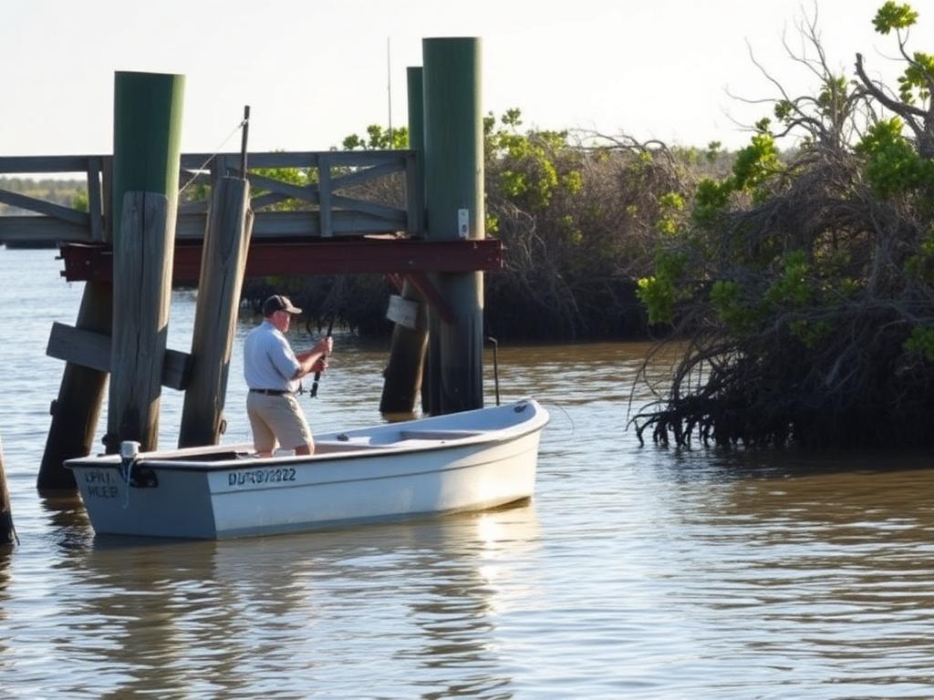 Small boat fishing beside timber bridge pylons and mangrove edges in an Australian estuary