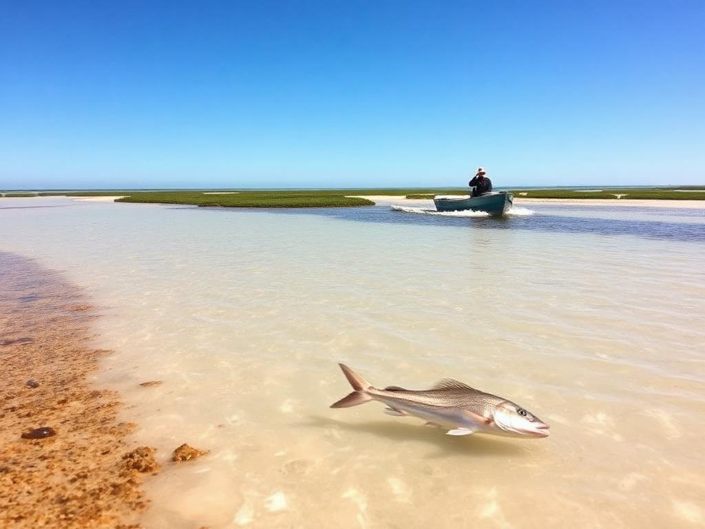 Shallow sand flat and weed edge in a coastal bay where flathead hold