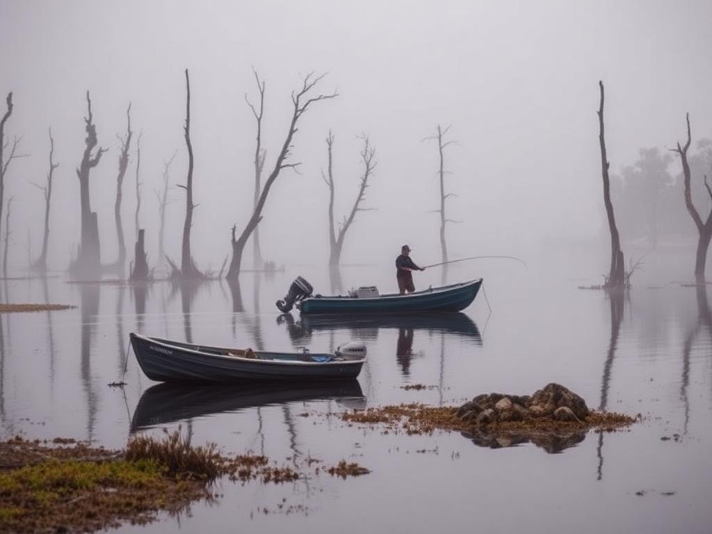 Boat working standing timber on a misty freshwater impoundment