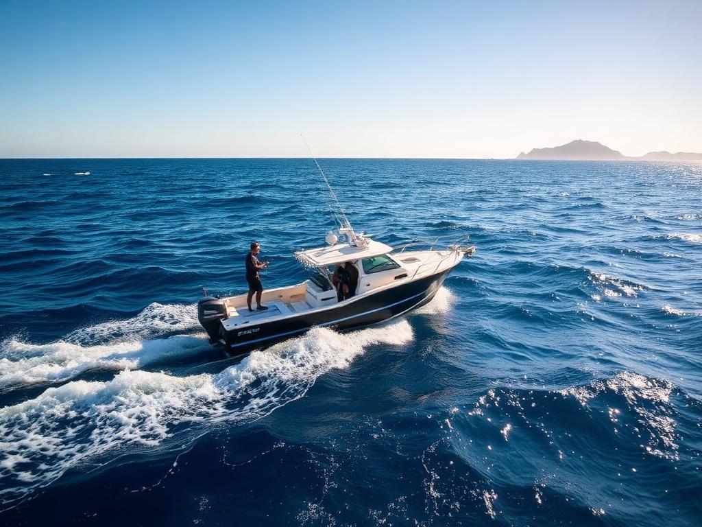 Trailer boat holding over an offshore reef in open blue water