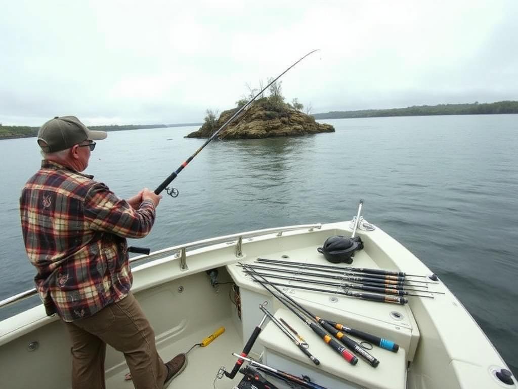 Angler casting a lure to a rocky point from a casting deck during a tournament session